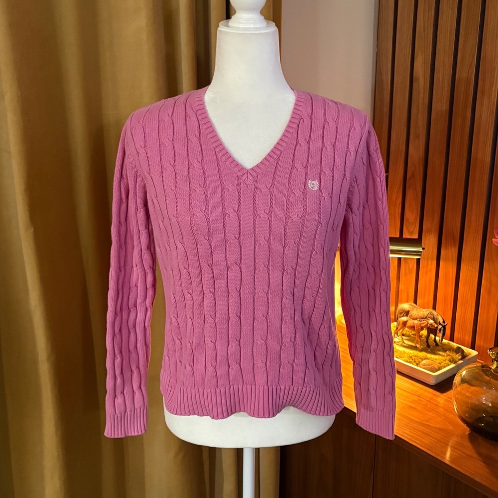 Chaps Womens Pink Cable Knit V-Neck 100% Cotton Sweater‎ Size Large 0444